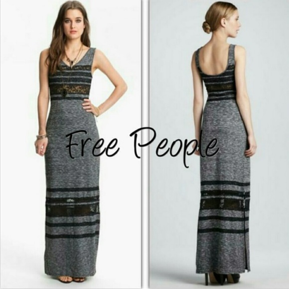FREE PEOPLE Hazy Days Maxi Dress Black Gray Space Dye Marled Knit Lace Inset - Picture 8 of 12